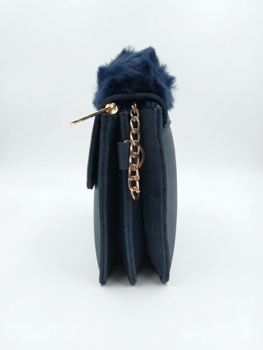 Navy Blue Crossbody Bag with Faux Fur Handle
