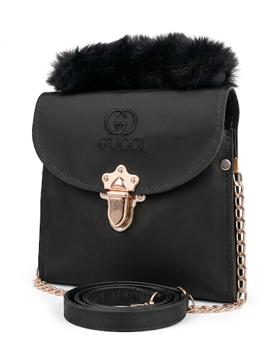 Women's Parachute Leather Crossbody Bag with Fluffy Fur Handle