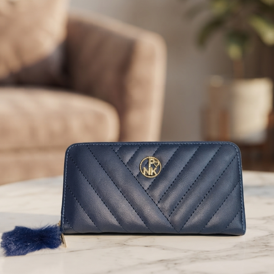 Women's Zip-Around Quilted Wallet with Fur Tassel Accent