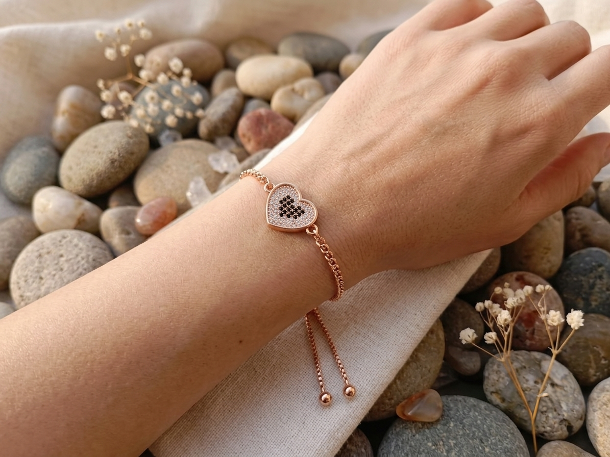 Rose Gold Crystal Heart Bolo Bracelet